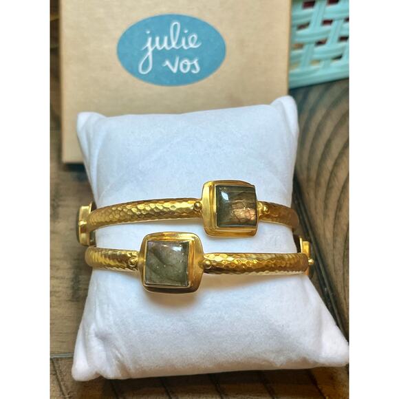 Julie Vos Gold Bangles Set of 2 Medium Stacking Bracelets Gray Stone Boho Layer - Picture 6 of 9